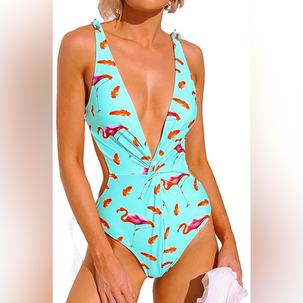 CUPSHE Women's Pink Flamingo Front Twist High Leg Swimsuit Size Medium, NWT